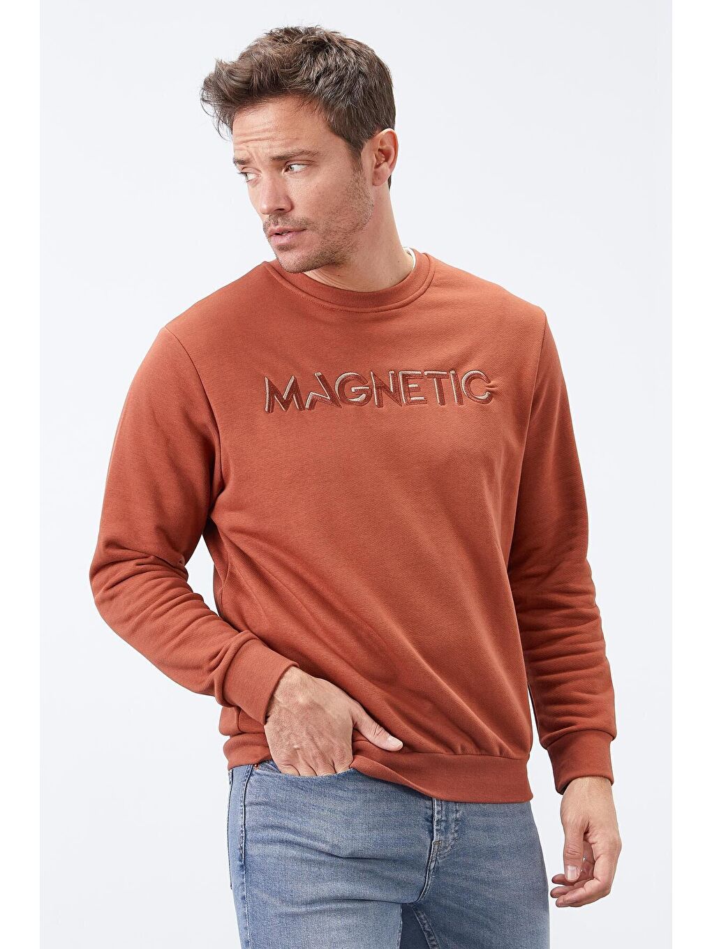 Kahverengi Tarçın Yazı Nakışlı Bisiklet Yaka Rahat Form Erkek Sweatshirt - 88020