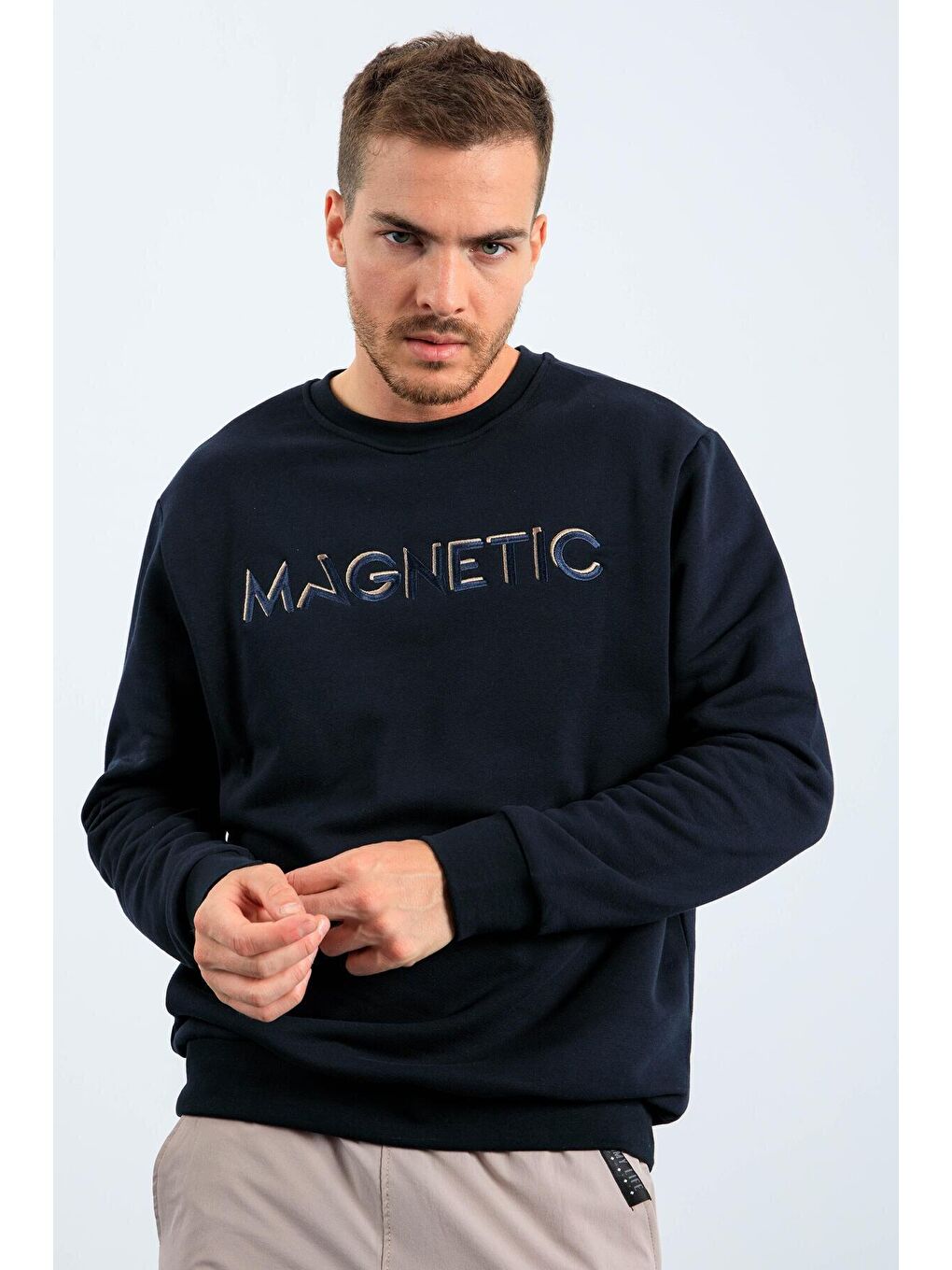 TOMMYLIFE Lacivert Yazı Nakışlı Bisiklet Yaka Rahat Form Erkek Sweatshirt - 88020