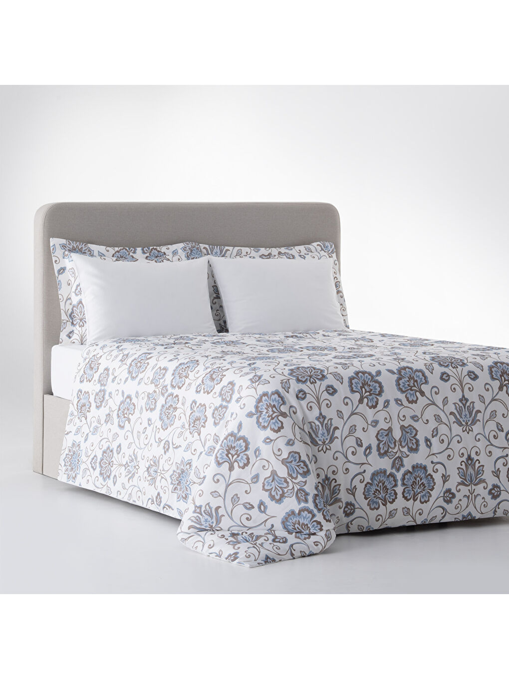 Ekru Verona Zarif Bahçe Çift Kişilik %100 Ege Pamuğu Nevresim Takımı - Çarşaflı - 4 Yastıklı Krem-Mavi-1