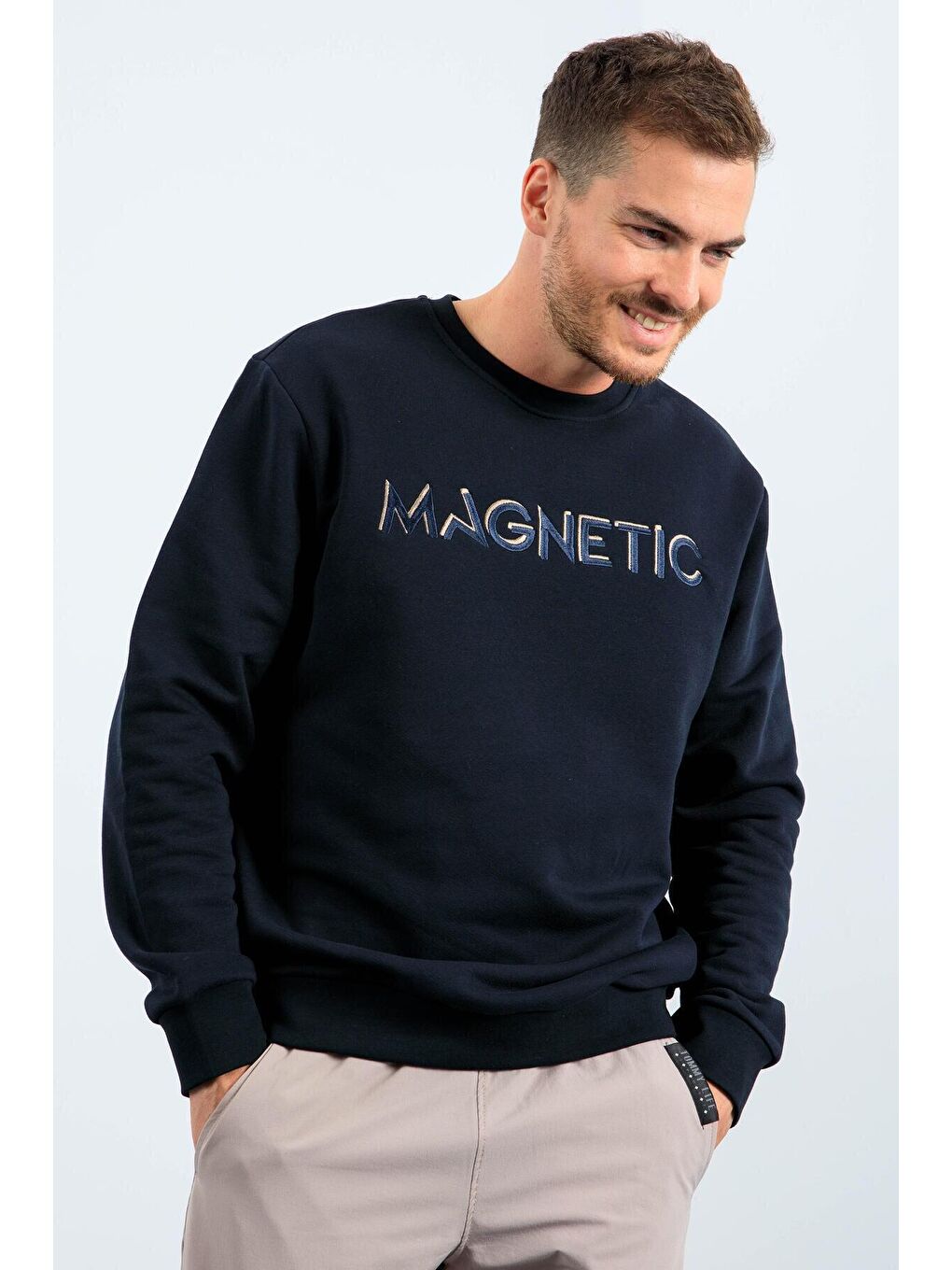 TOMMYLIFE Lacivert Yazı Nakışlı Bisiklet Yaka Rahat Form Erkek Sweatshirt - 88020 - 4