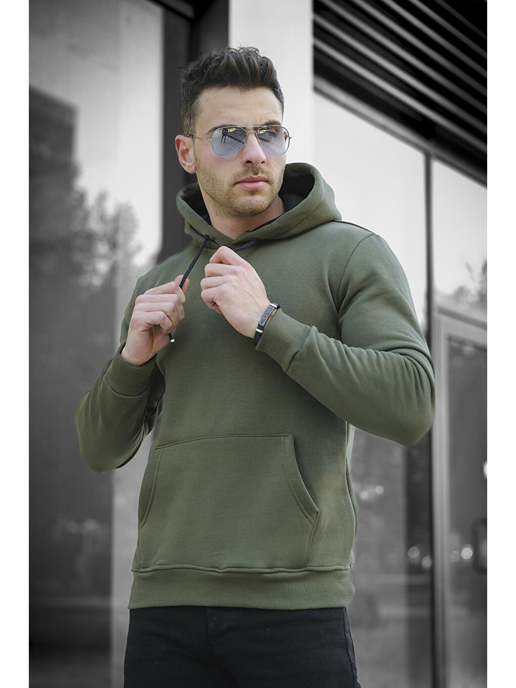 Haki Janvier Üç İplik Şardonlu Fitted Kapüşonlu Basic Erkek Sweatshirt