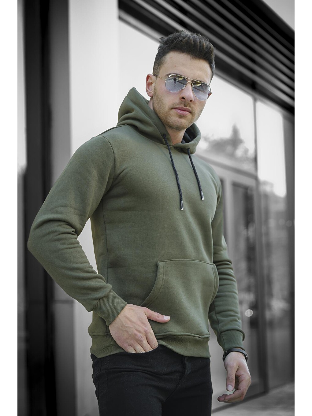 Haki Janvier Üç İplik Şardonlu Fitted Kapüşonlu Basic Erkek Sweatshirt-2