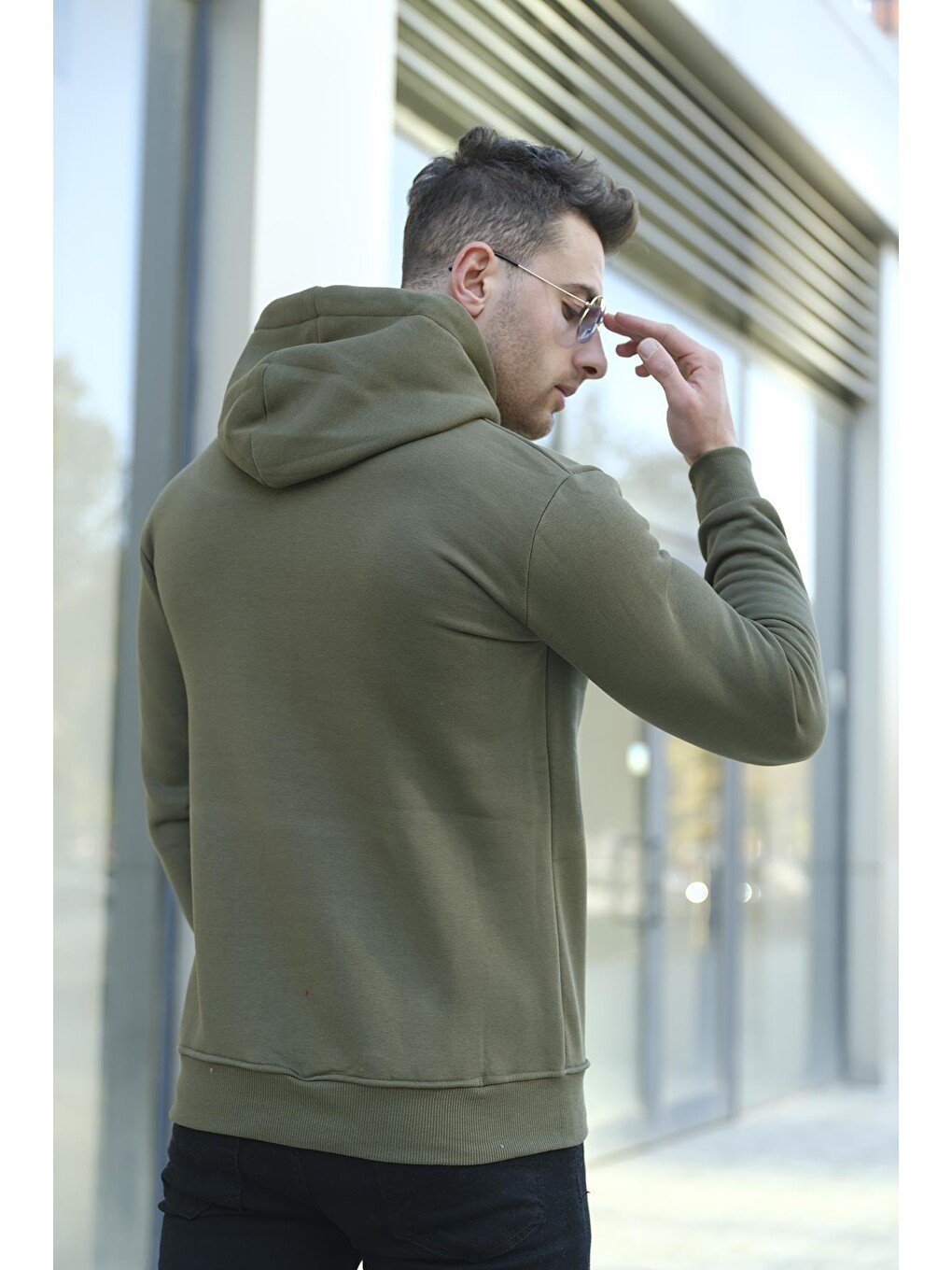 Haki Janvier Üç İplik Şardonlu Fitted Kapüşonlu Basic Erkek Sweatshirt-3