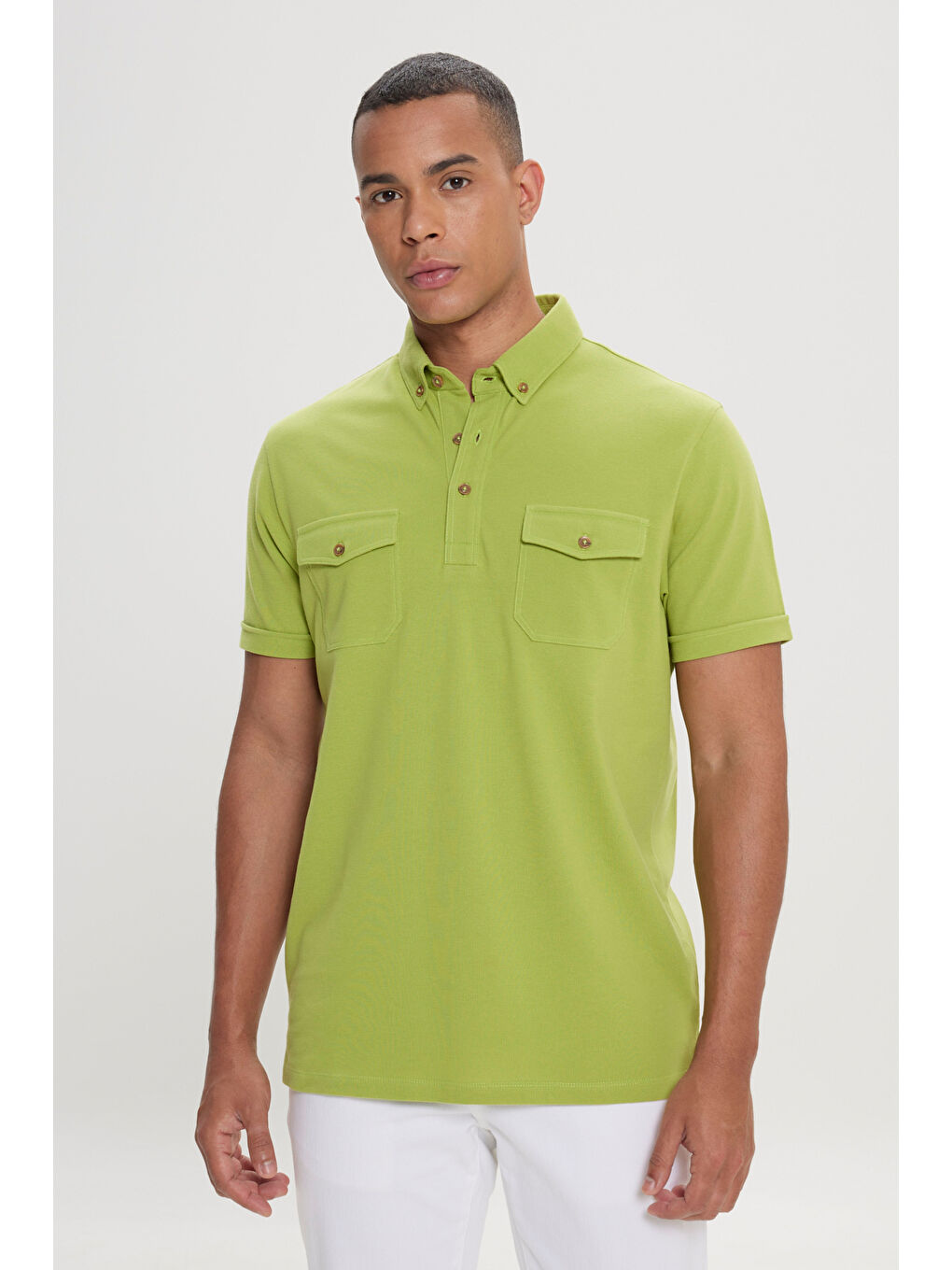 Erkek Fıstık Yeşil Slim Fit Dar Kesim %100 Pamuk Polo Yaka Tişört