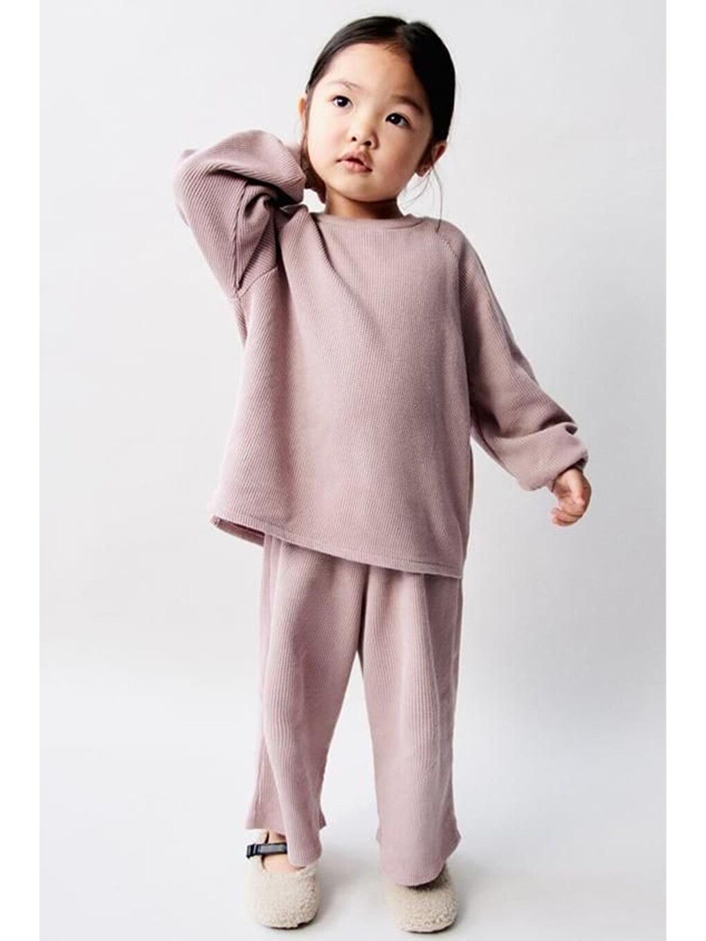 Pembe Kız Çocuk Waffle Kumaş Sweatshirt Ve Geniş Paça Pantolon Alt Üst Takım