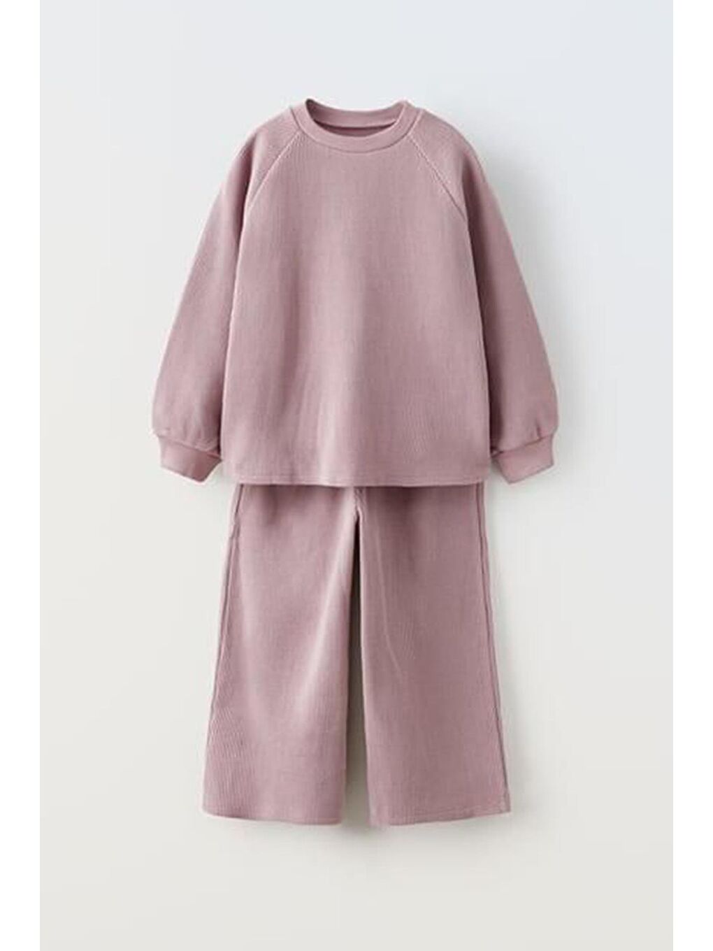 Pembe Kız Çocuk Waffle Kumaş Sweatshirt Ve Geniş Paça Pantolon Alt Üst Takım-1