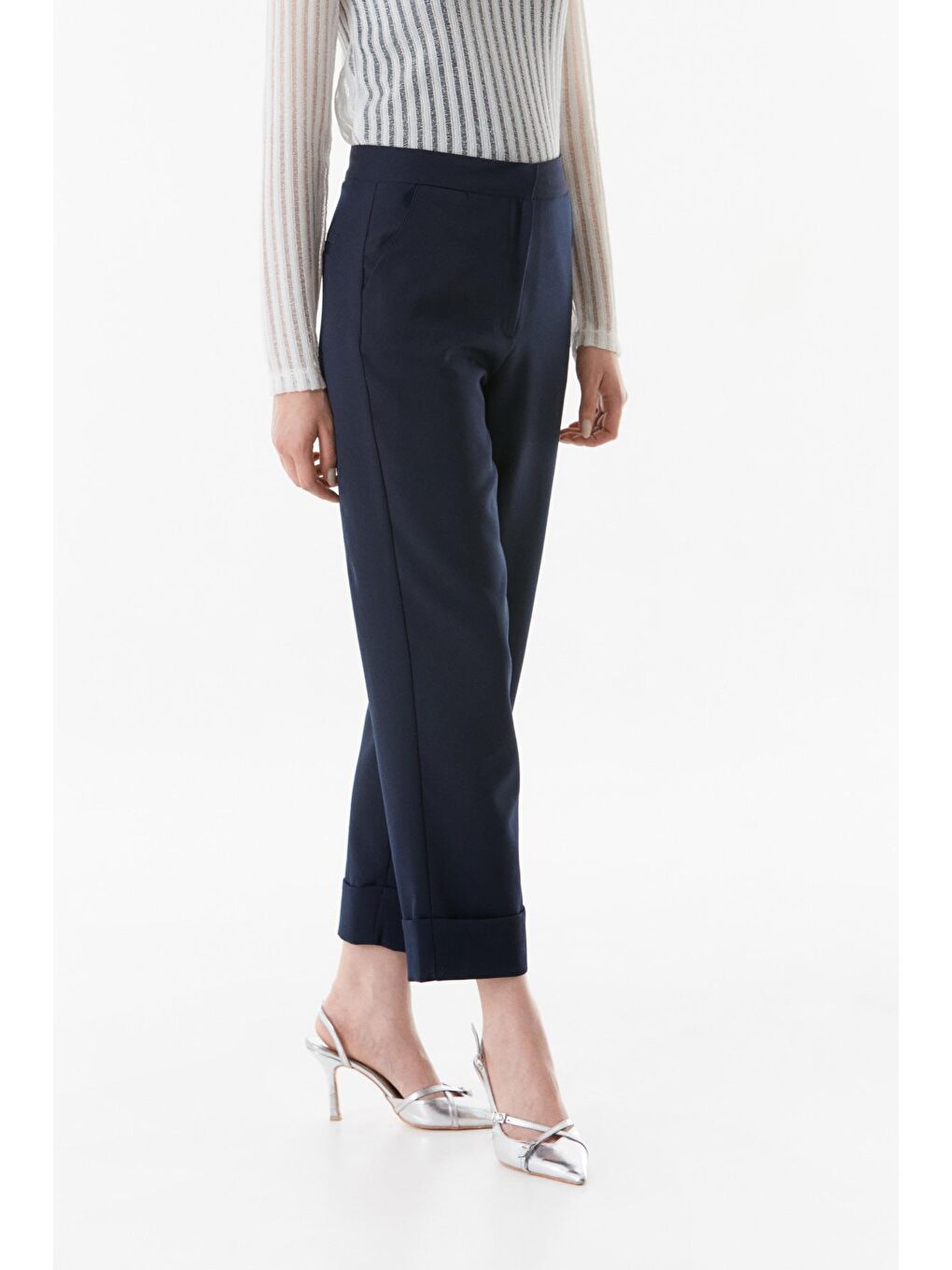 Lacivert Yüksek Bel Duble Paça Pantolon-4