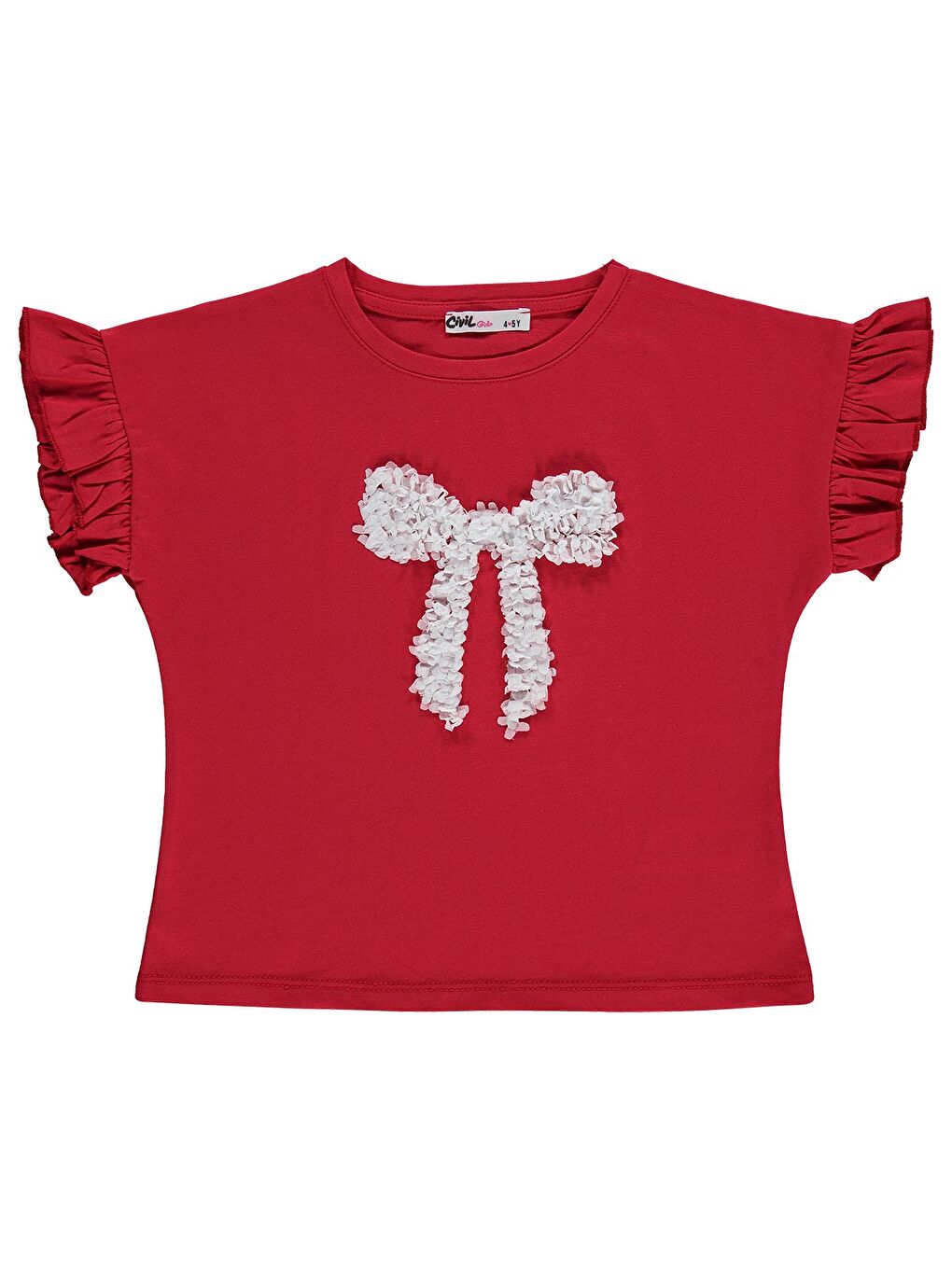 Girls Kolu Fırfırlı 4-9 Yaş Tişört - Kırmızı