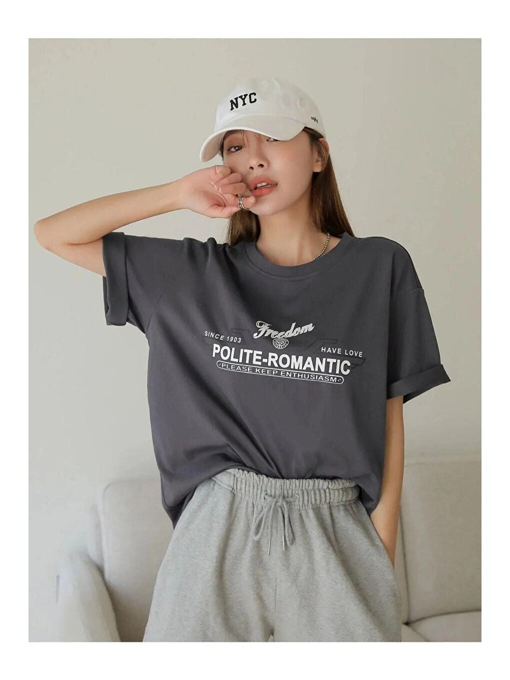 Gri Kadın Füme Polite-Romantic Baskılı Oversize Tişört-3