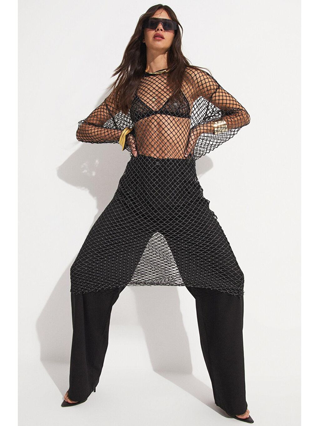 Siyah Kadın Kayık Yaka File Detaylı Uzun Tunik