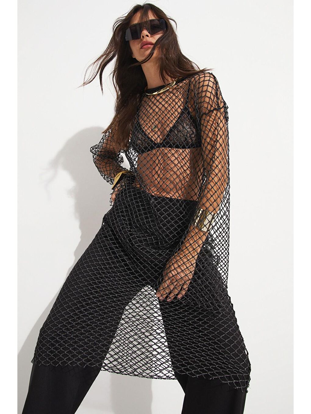 Siyah Kadın Kayık Yaka File Detaylı Uzun Tunik-1