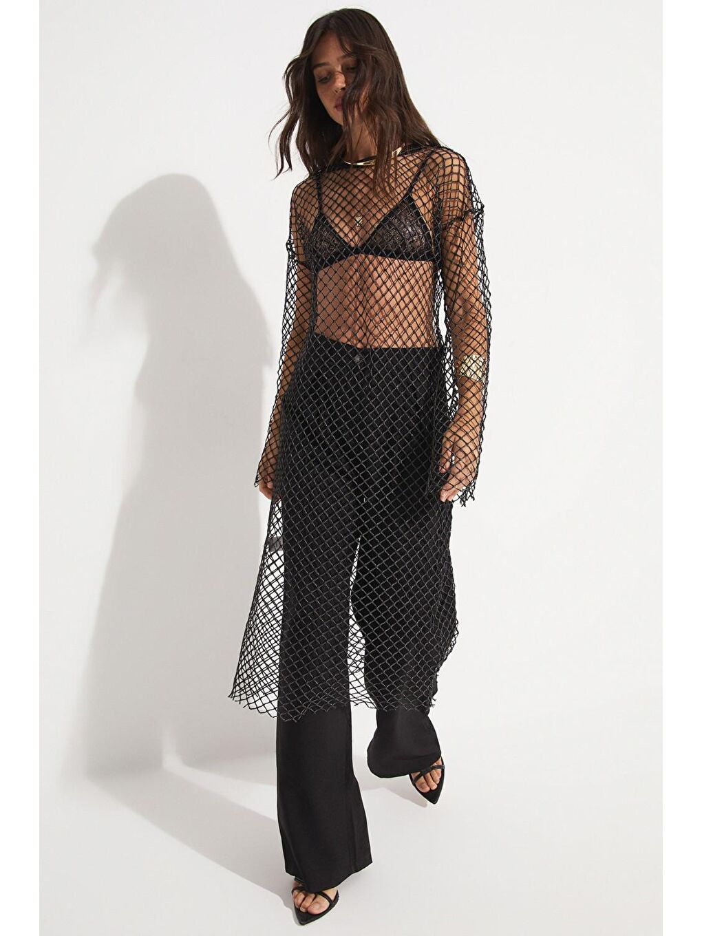 Siyah Kadın Kayık Yaka File Detaylı Uzun Tunik-2