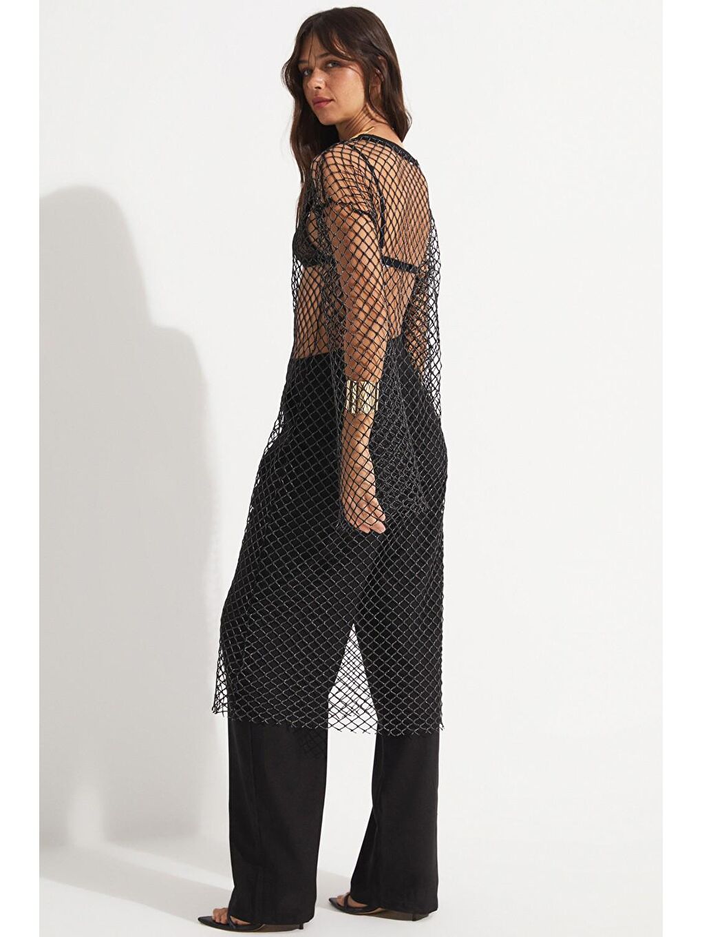 Siyah Kadın Kayık Yaka File Detaylı Uzun Tunik-4