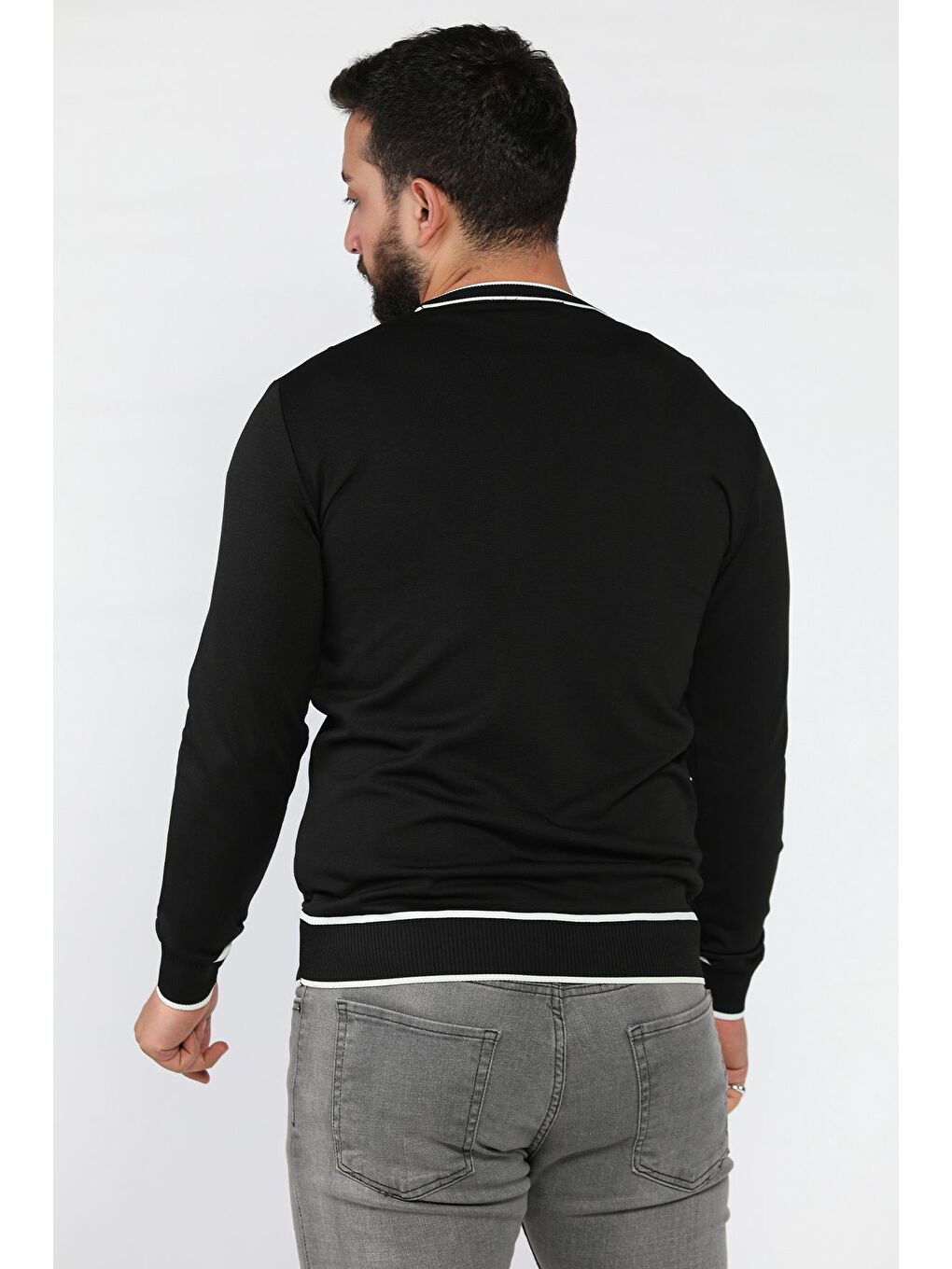 Siyah Bisiklet Yaka Çizgili Erkek Triko Kazak-2