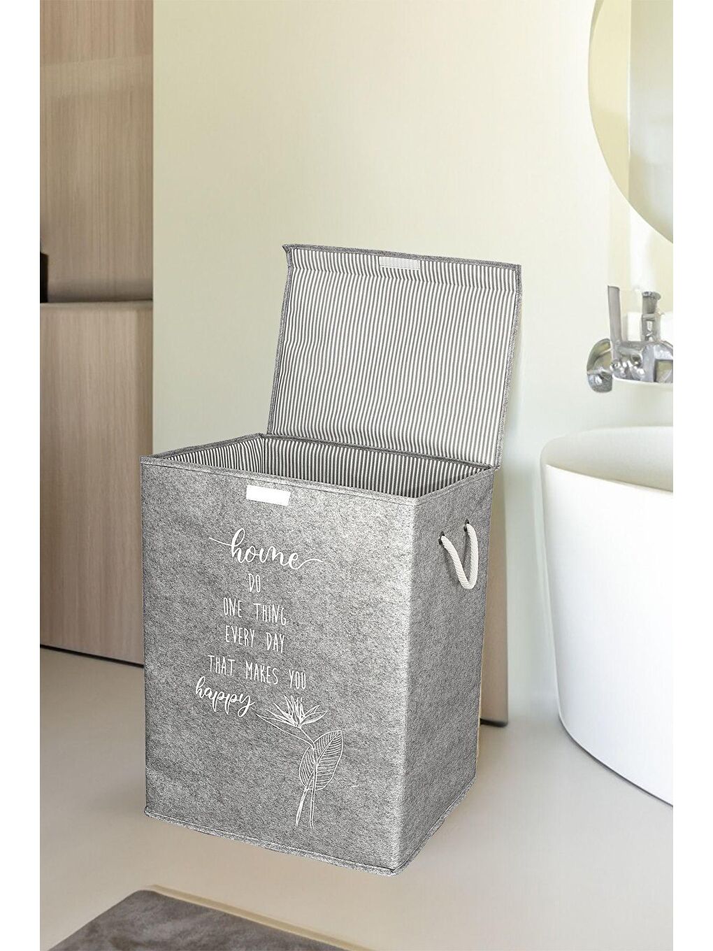 Keçe Kapaklı Kirli Çamaşır Sepeti - Çok Amaçlı Saklama Kutusu Mega Hurç Gri-1