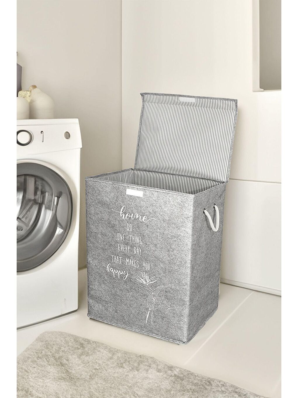 Keçe Kapaklı Kirli Çamaşır Sepeti - Çok Amaçlı Saklama Kutusu Mega Hurç Gri-3