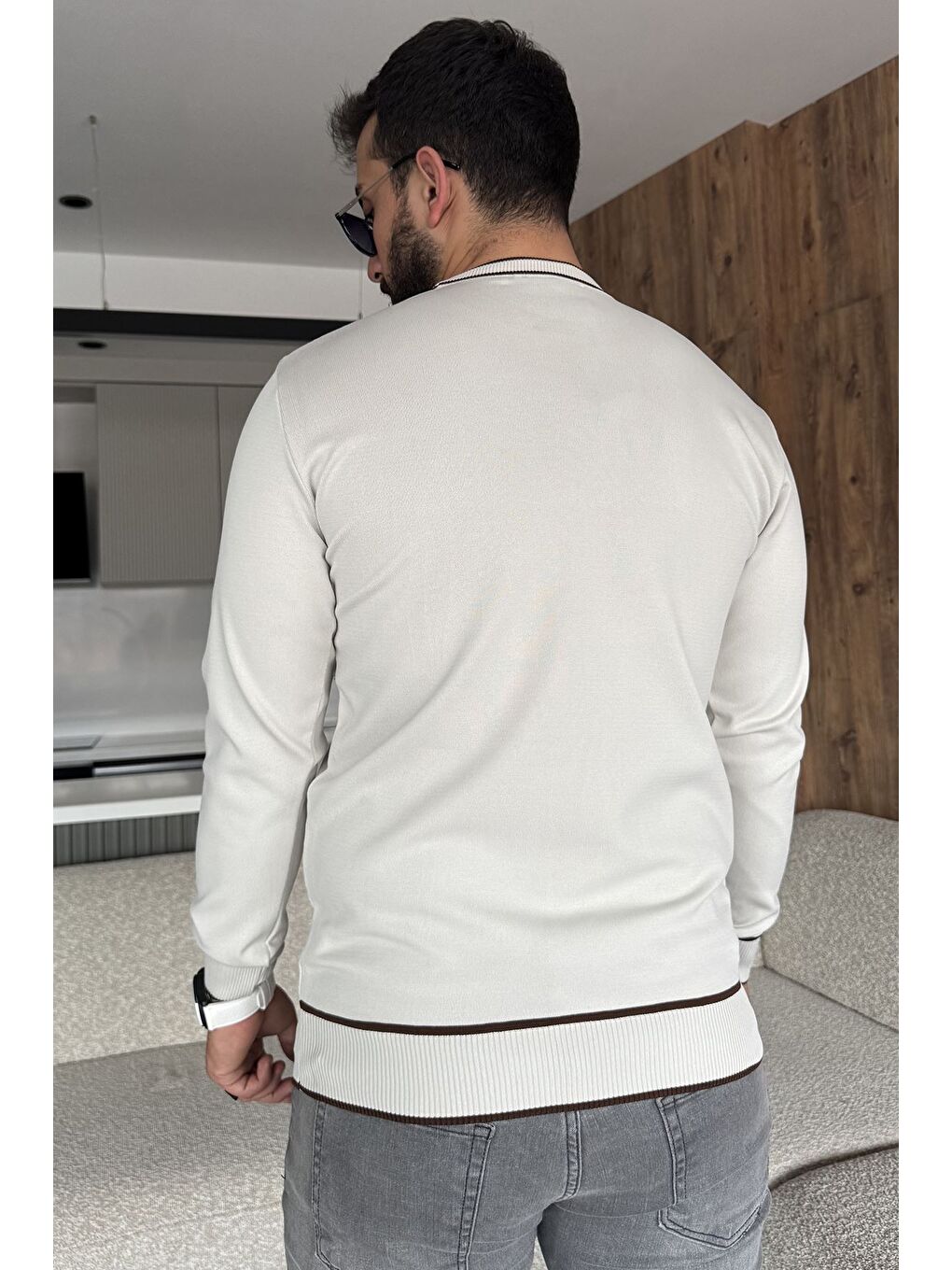 Bej Bisiklet Yaka Çizgili Erkek Triko Kazak-3