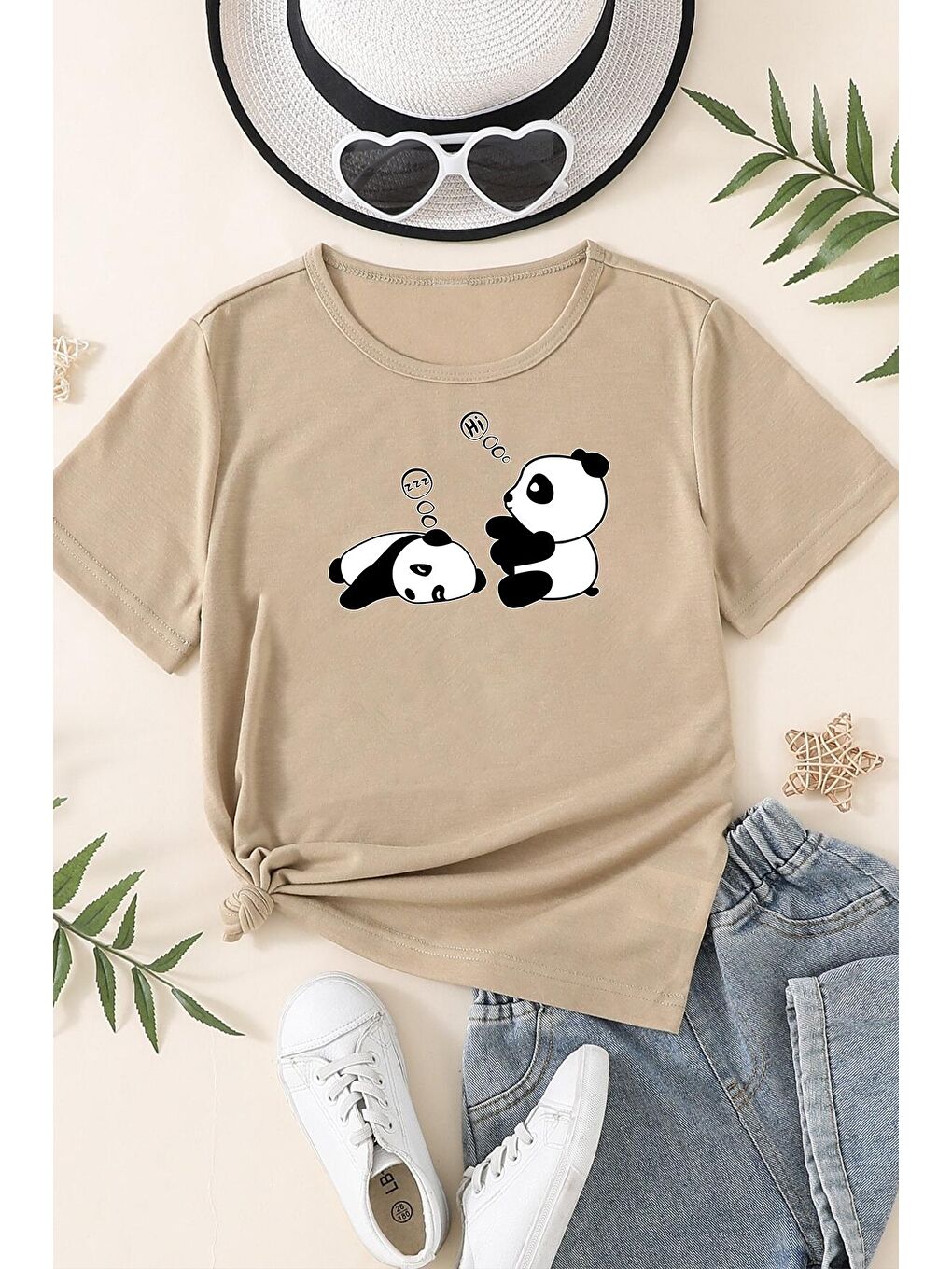 uyguntarz Bej Çocuk Sleep Panda Baskılı Pamuklu Tshirt