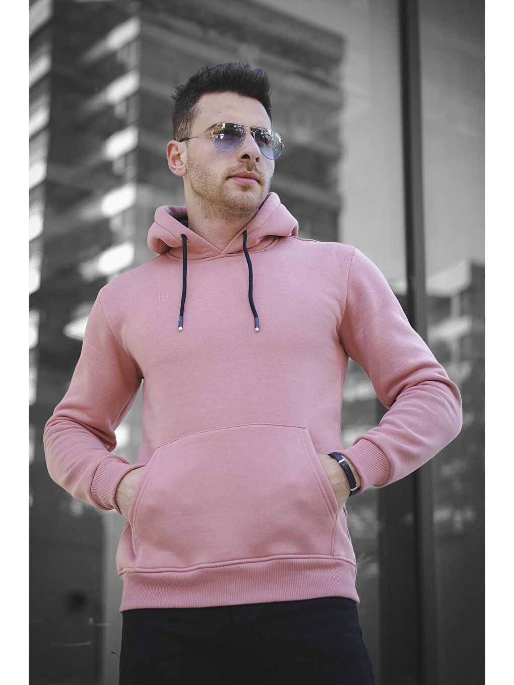 Oksit Pudra Janvier Üç İplik Şardonlu Fitted Kapüşonlu Basic Erkek Sweatshirt - 1