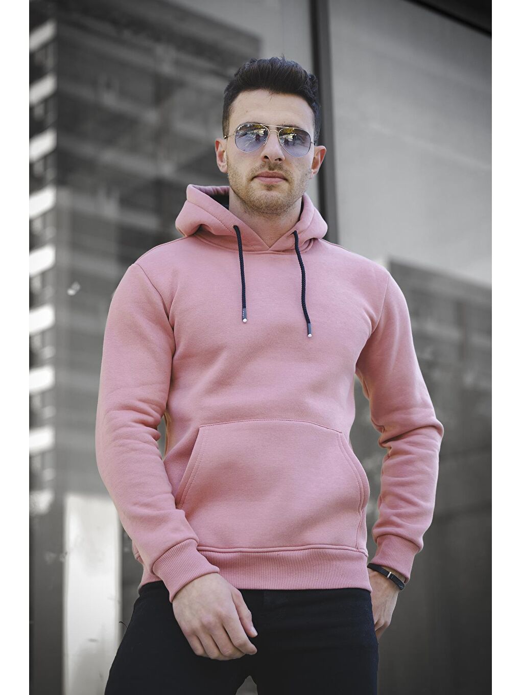 Oksit Pudra Janvier Üç İplik Şardonlu Fitted Kapüşonlu Basic Erkek Sweatshirt - 2