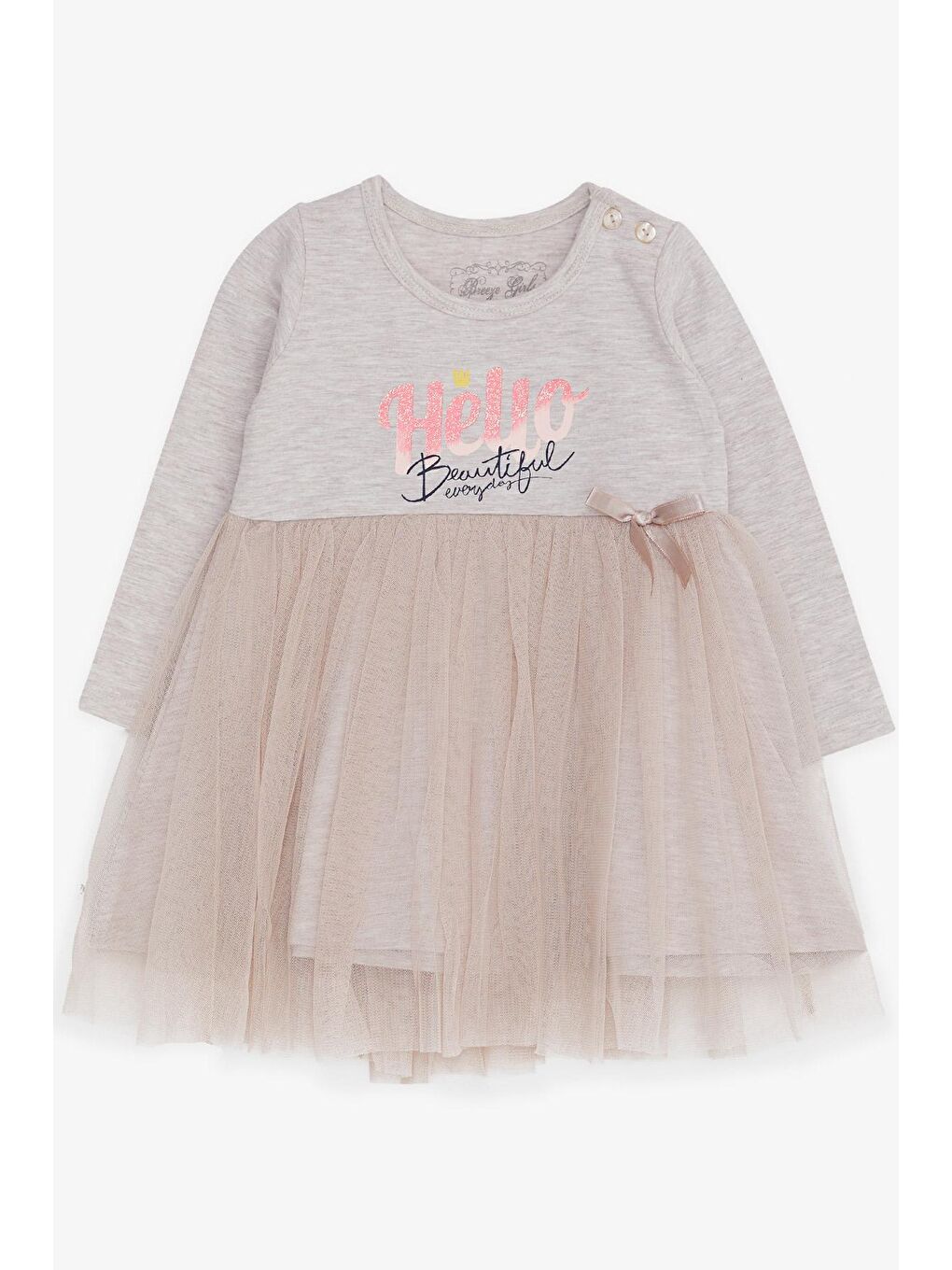 Kız Bebek Uzun Kollu Elbise Baskılı Tüllü Bej Melanj (1.5 Yaş)