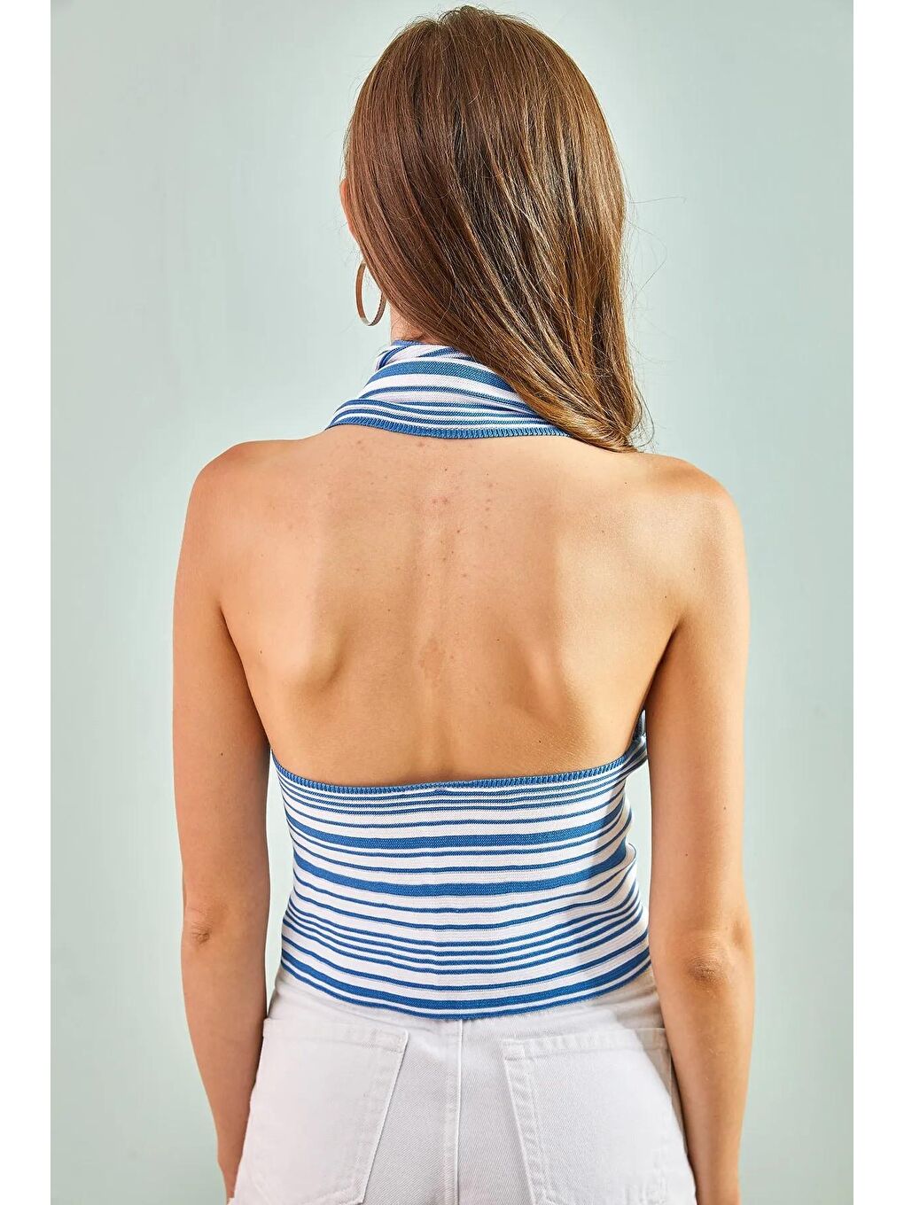 Mavi Kadın Boyundan Geçmeli Çizgili Bluz-2