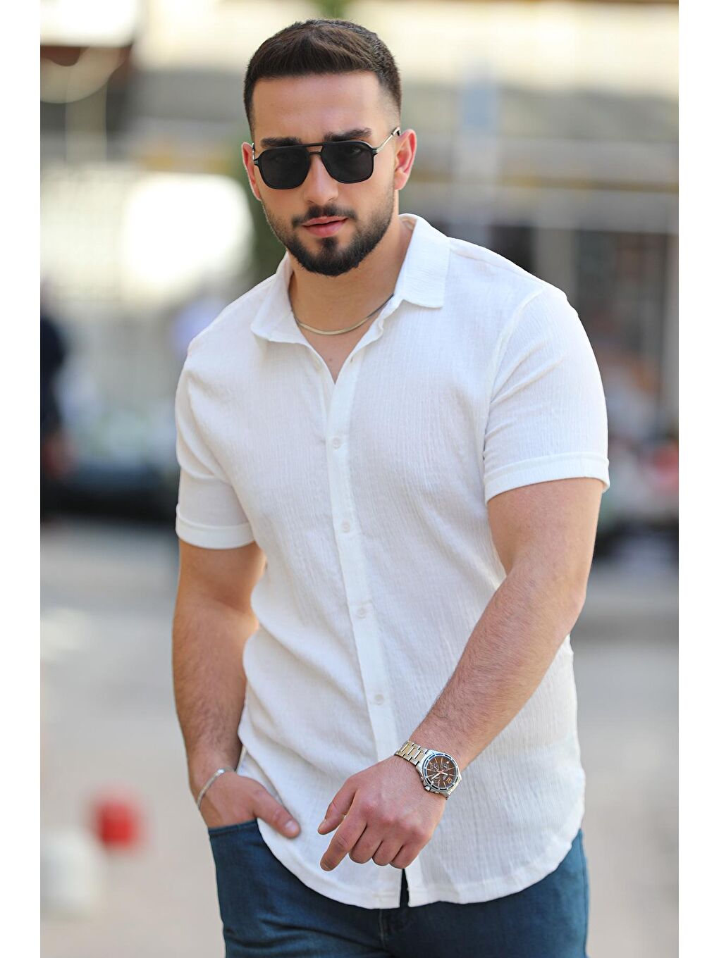 Ekru Duble Kol Elastanlı Kendinden Desenli Erkek Gömlek