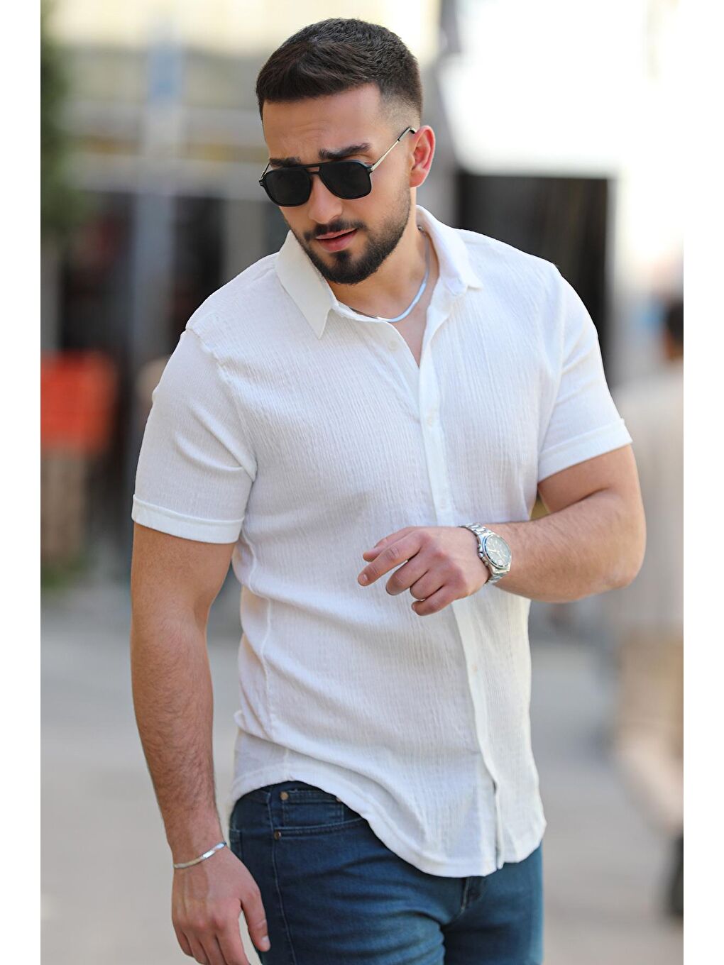 Ekru Duble Kol Elastanlı Kendinden Desenli Erkek Gömlek-1