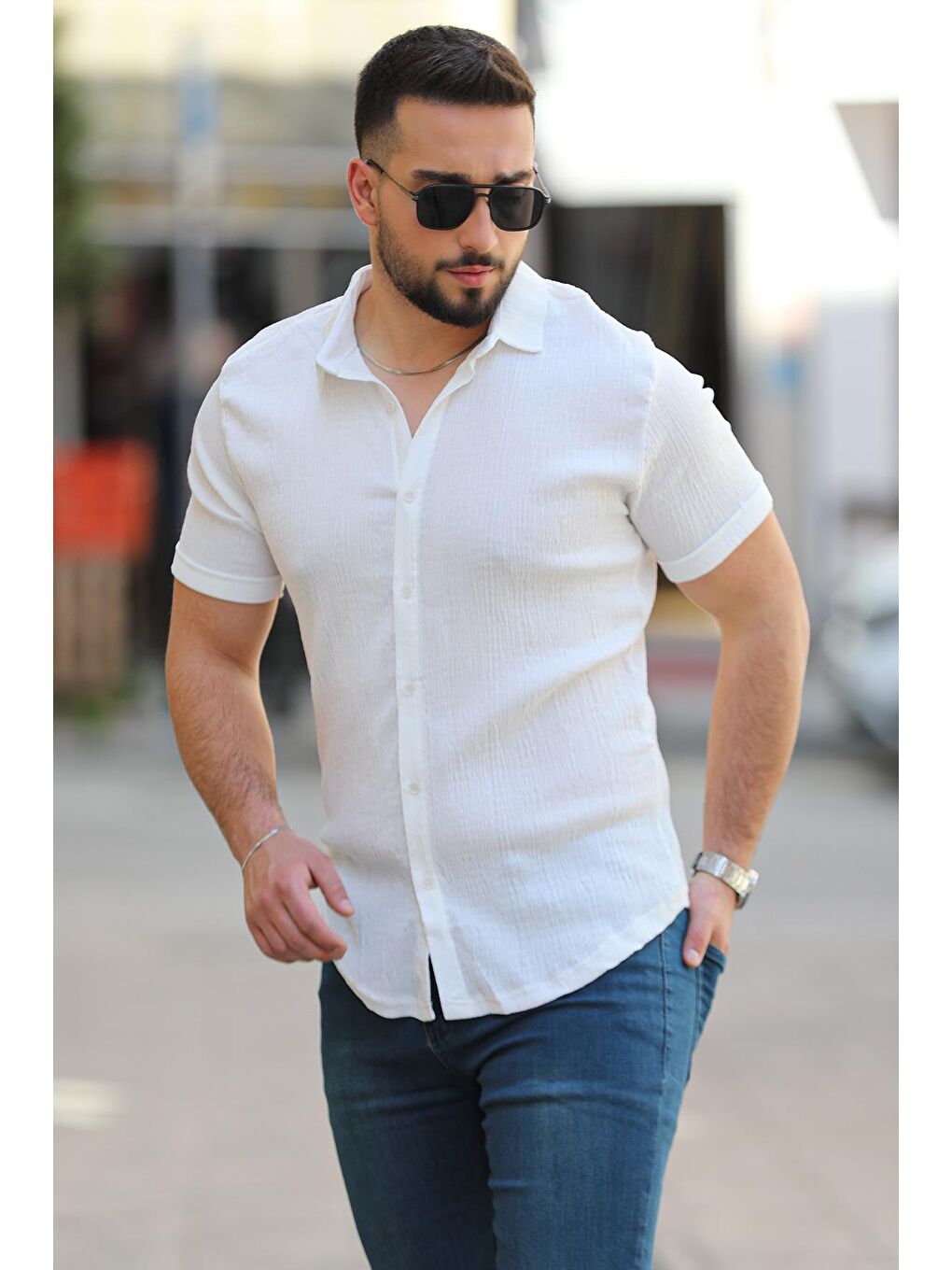 Ekru Duble Kol Elastanlı Kendinden Desenli Erkek Gömlek-2