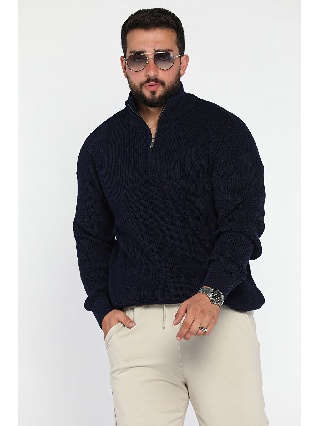 Lacivert Dik Yaka Yarım Fermuarlı Erkek Triko Kazak