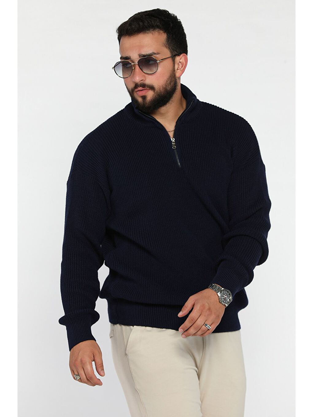 Lacivert Dik Yaka Yarım Fermuarlı Erkek Triko Kazak-1