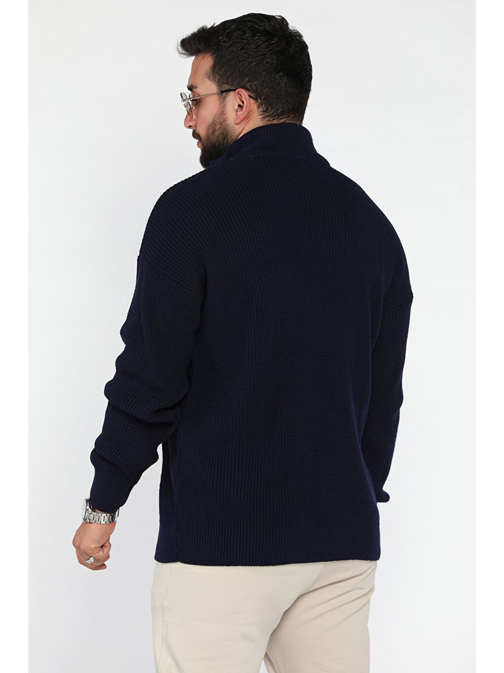 Lacivert Dik Yaka Yarım Fermuarlı Erkek Triko Kazak-2