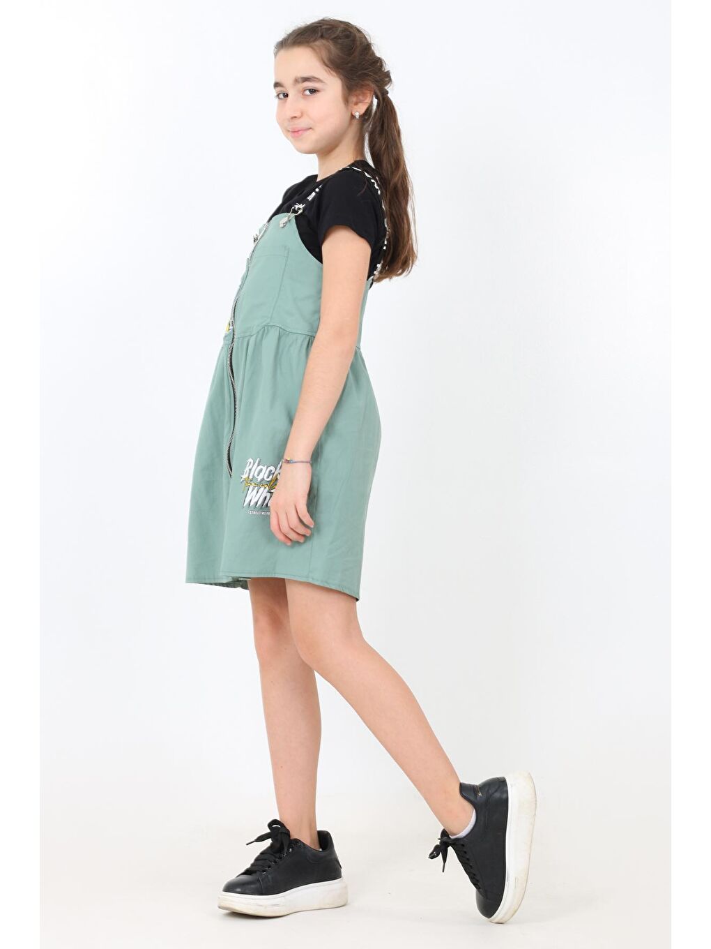 Yeşil Kız Çocuk Önü Fermuarlı Salopet Elbise 8-14 Yaş 13933