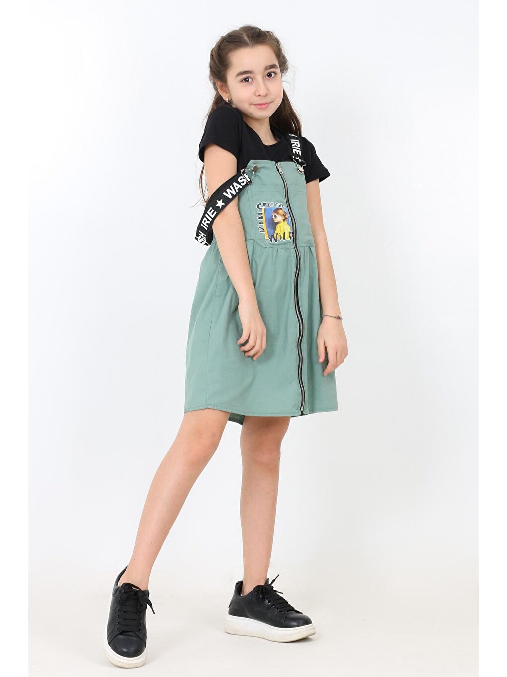 Yeşil Kız Çocuk Önü Fermuarlı Salopet Elbise 8-14 Yaş 13933-1
