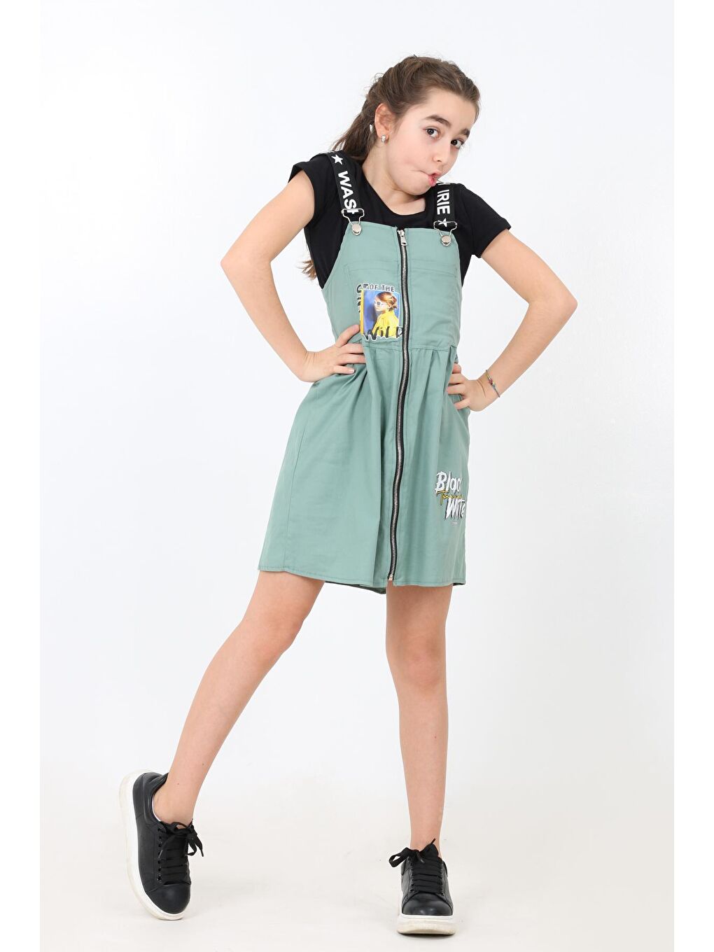 Yeşil Kız Çocuk Önü Fermuarlı Salopet Elbise 8-14 Yaş 13933-2