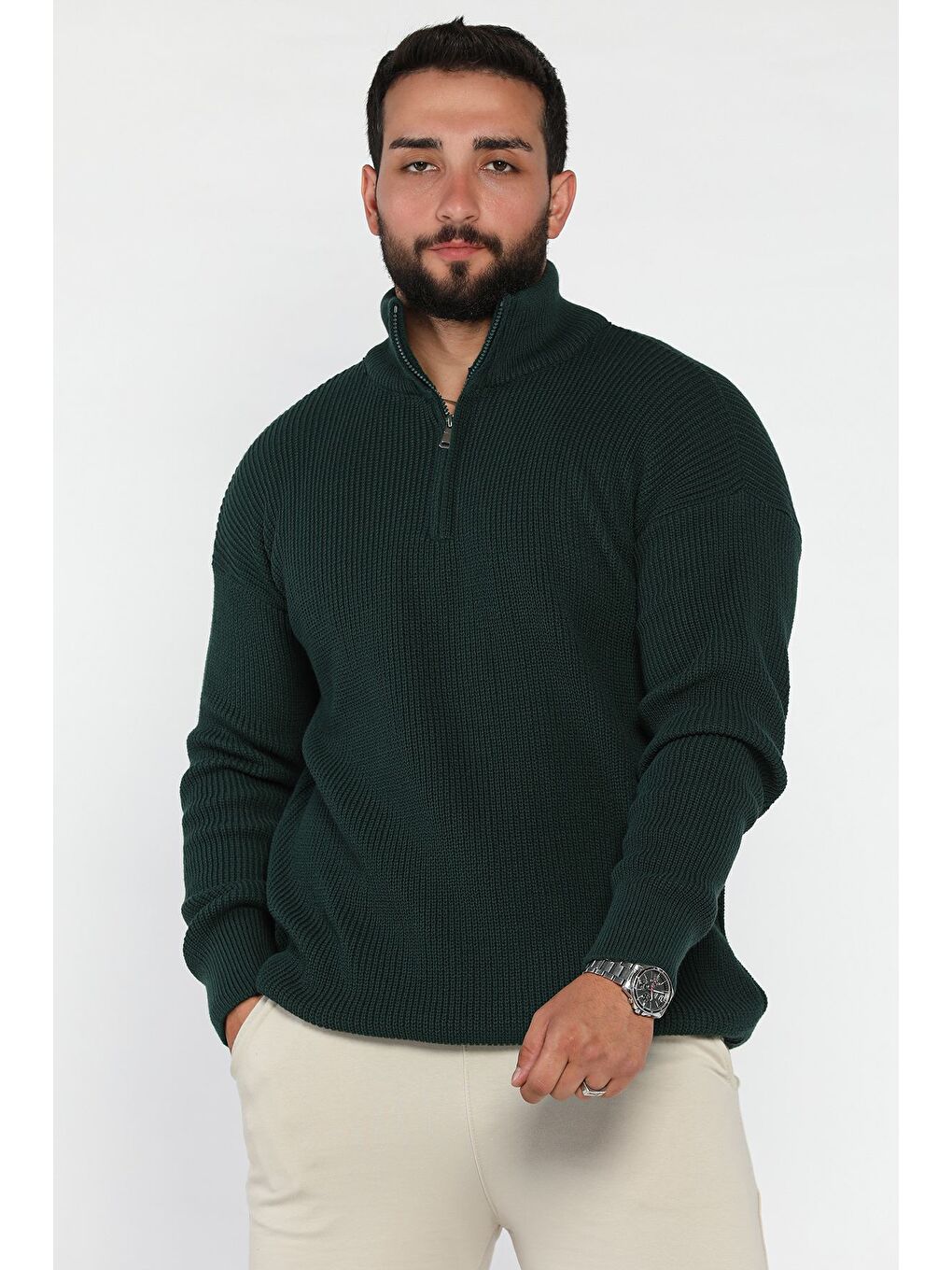 Yeşil Dik Yaka Yarım Fermuarlı Erkek Triko Kazak