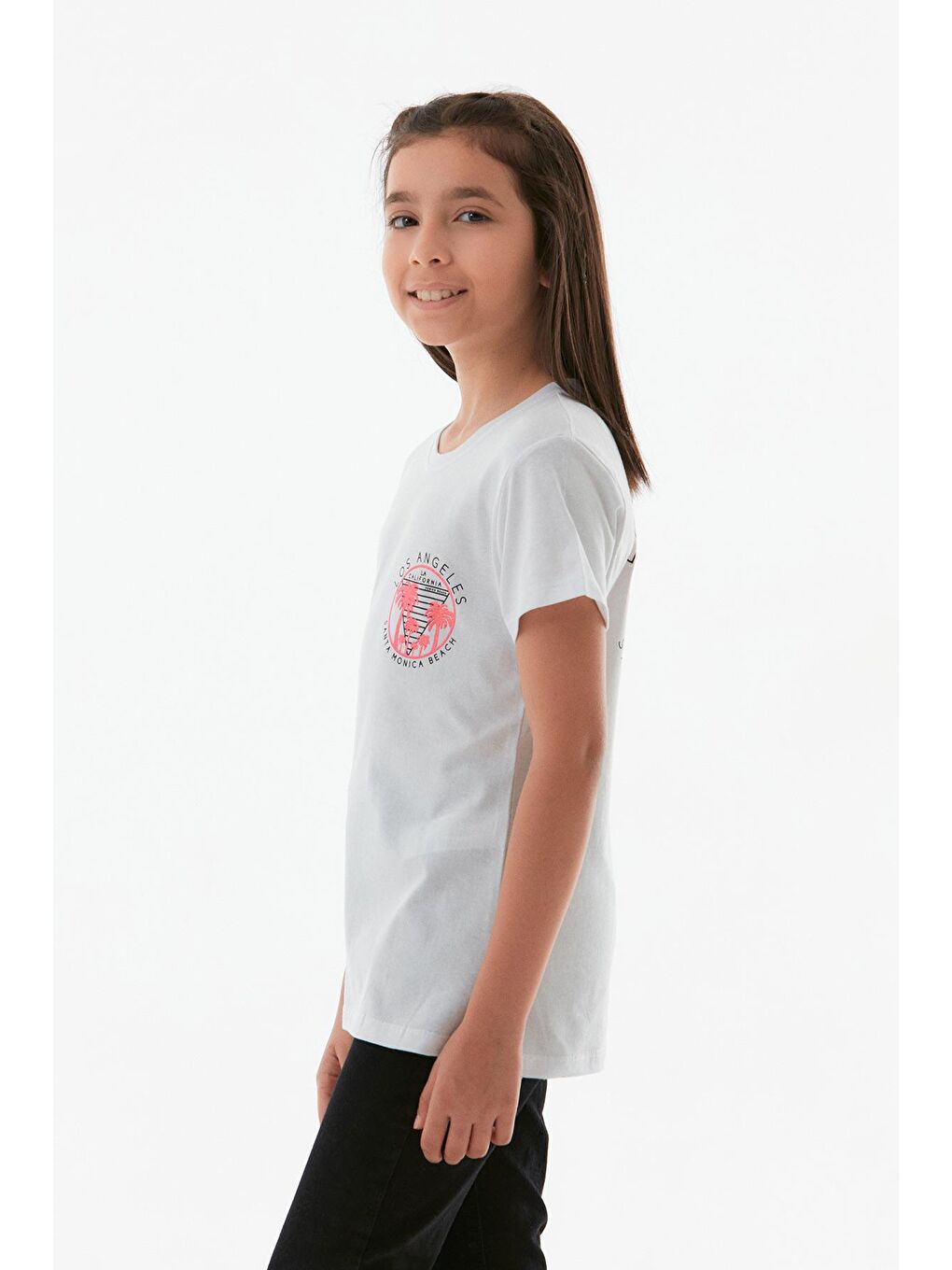 Beyaz Önü Ve Arkası Baskılı Bisiklet Yaka Kız Çocuk Tişört-1
