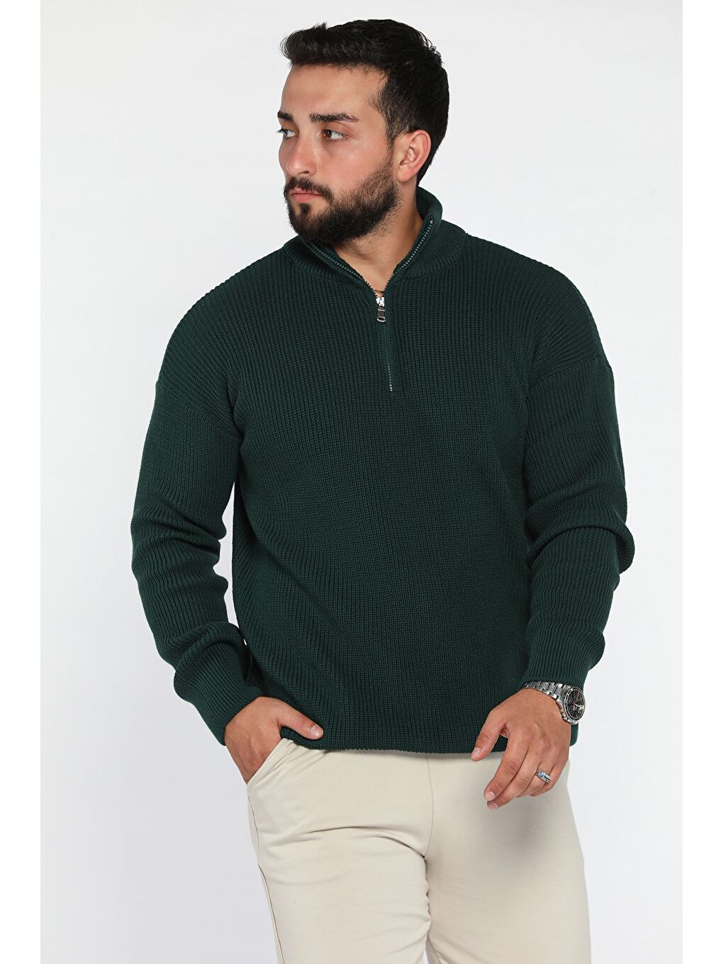 Yeşil Dik Yaka Yarım Fermuarlı Erkek Triko Kazak-1