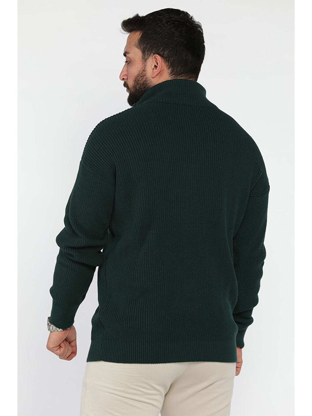 Yeşil Dik Yaka Yarım Fermuarlı Erkek Triko Kazak-2