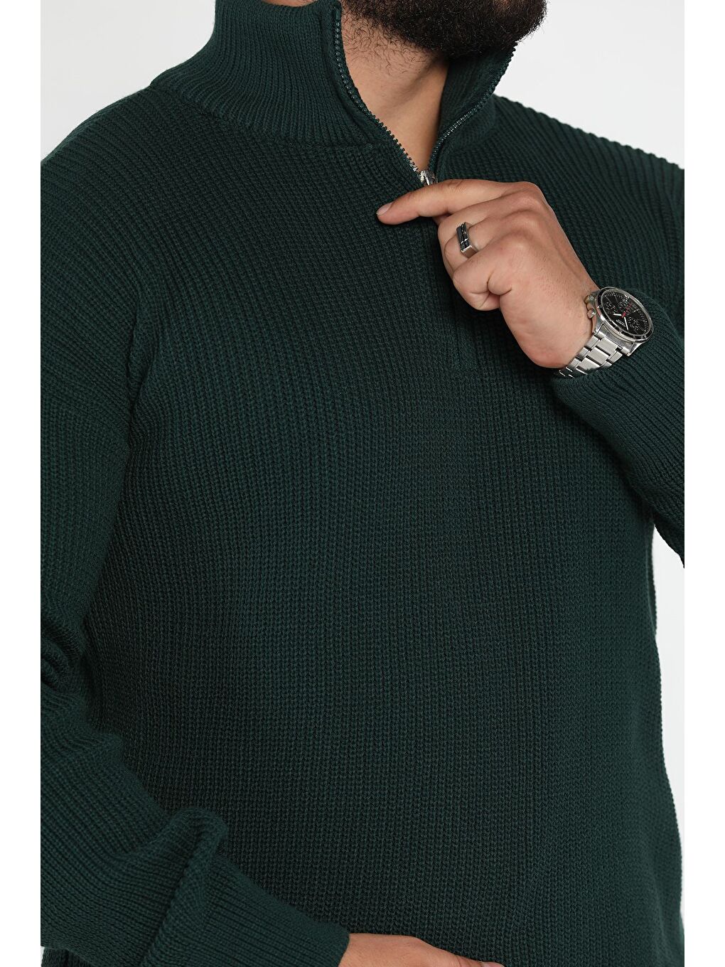 Yeşil Dik Yaka Yarım Fermuarlı Erkek Triko Kazak-3