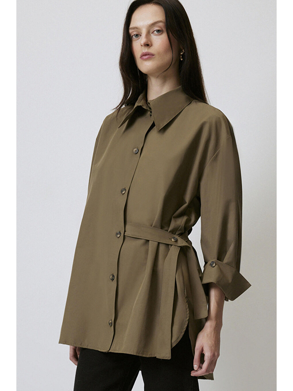 Haki Düğmeli Rahat Gömlek Tunik-1