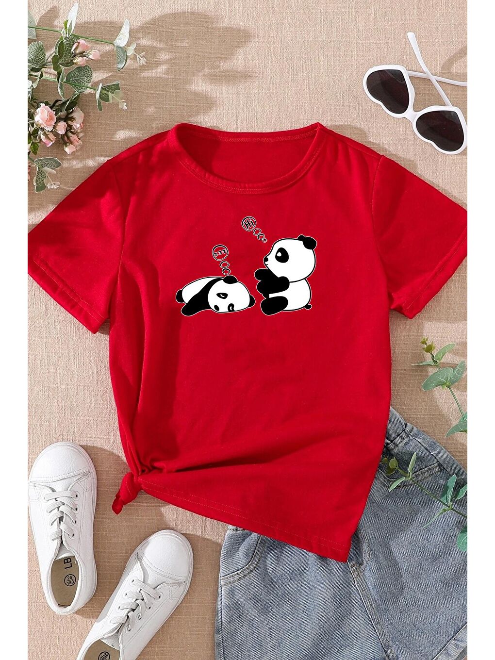 uyguntarz Kırmızı Çocuk Sleep Panda Baskılı Pamuklu Tshirt