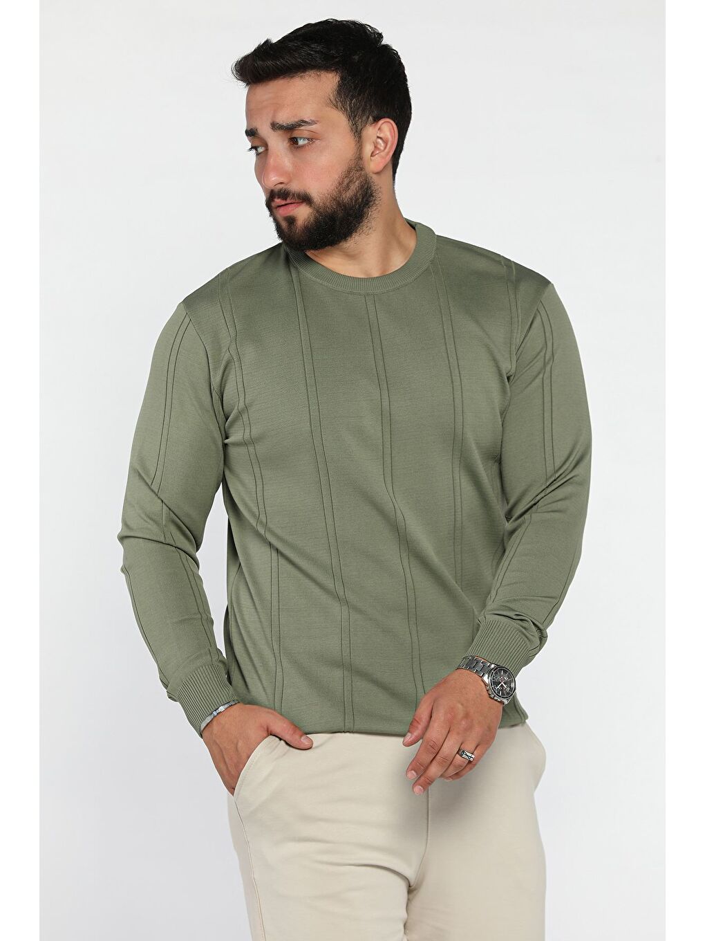 Haki Erkek Bisiklet Yaka Triko Kazak-1