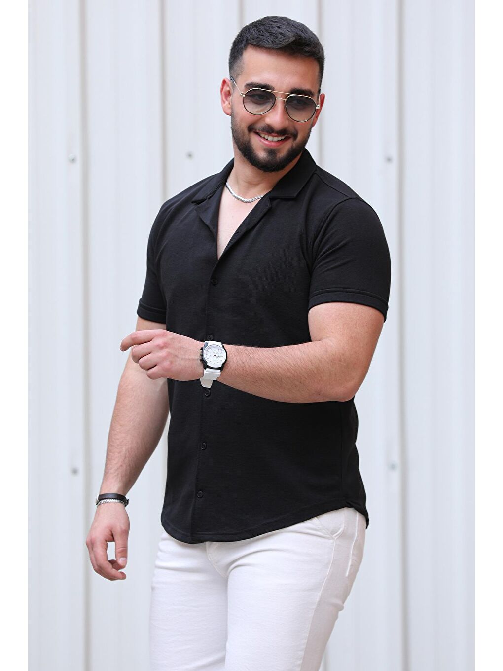 Siyah Kendinden Çizgi Desenli Yarım Kol Erkek Gömlek-2