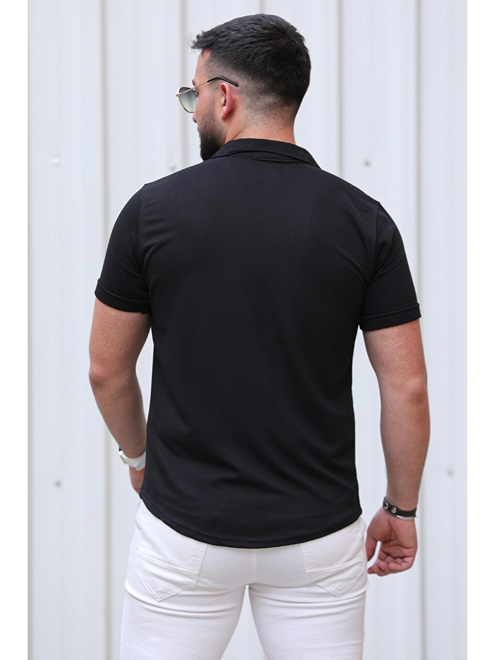 Siyah Kendinden Çizgi Desenli Yarım Kol Erkek Gömlek-3