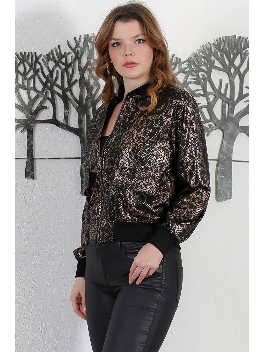 Siyah-Kahverengi Bomber Yaka Manşetli Kollu Leopar Desenli Fermuarlı Çift Cepli Örme Ceket 59 52-2