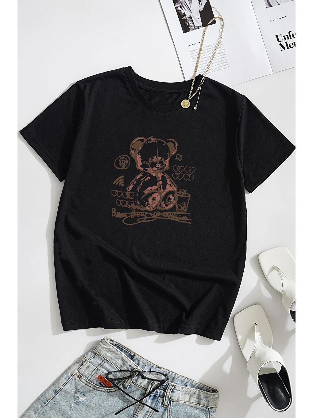 uyguntarz Siyah Unisex Bear Bear Baskılı Tasarım Tshirt