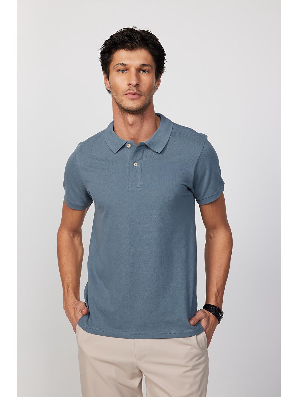 Erkek Slim Fit Dar Kesim %100 Pamuk Düz Pike Gri Polo Yaka Tişört