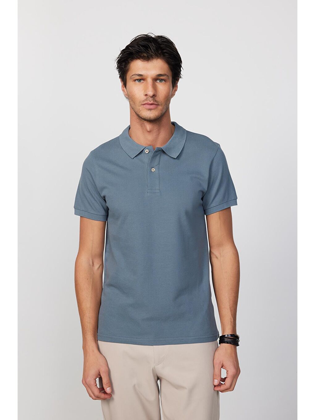 Erkek Slim Fit Dar Kesim %100 Pamuk Düz Pike Gri Polo Yaka Tişört-2