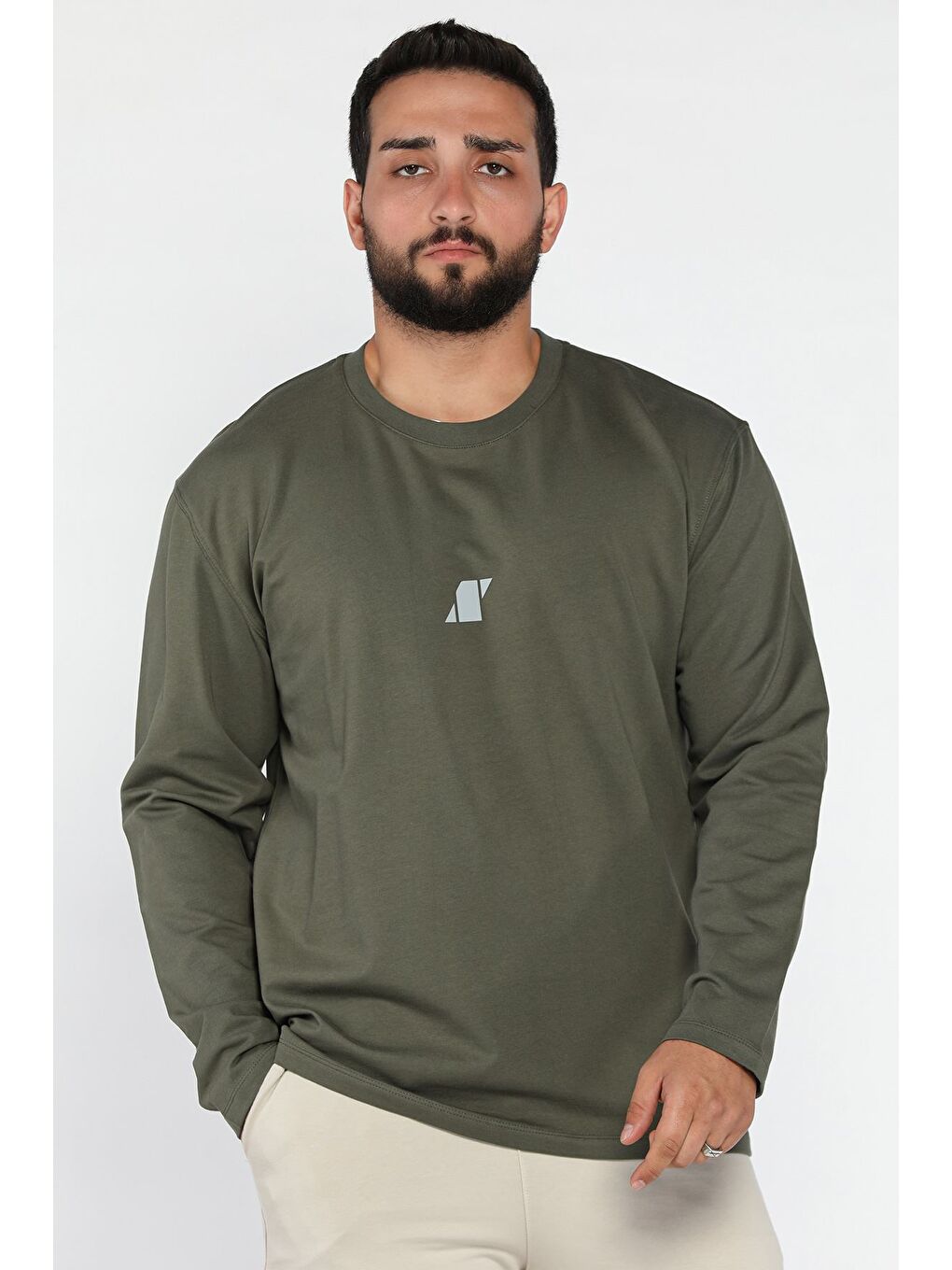 Haki Erkek Bisiklet Yaka Baskılı Sweatshirt